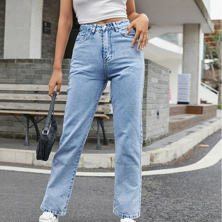 Mrat Outdoor Pants For Women Full Length Pants Jeans Ladies Loose Casual  Jeans Fashion High-Waist Straight Trousers Female Lounge Pants Light Blue L  