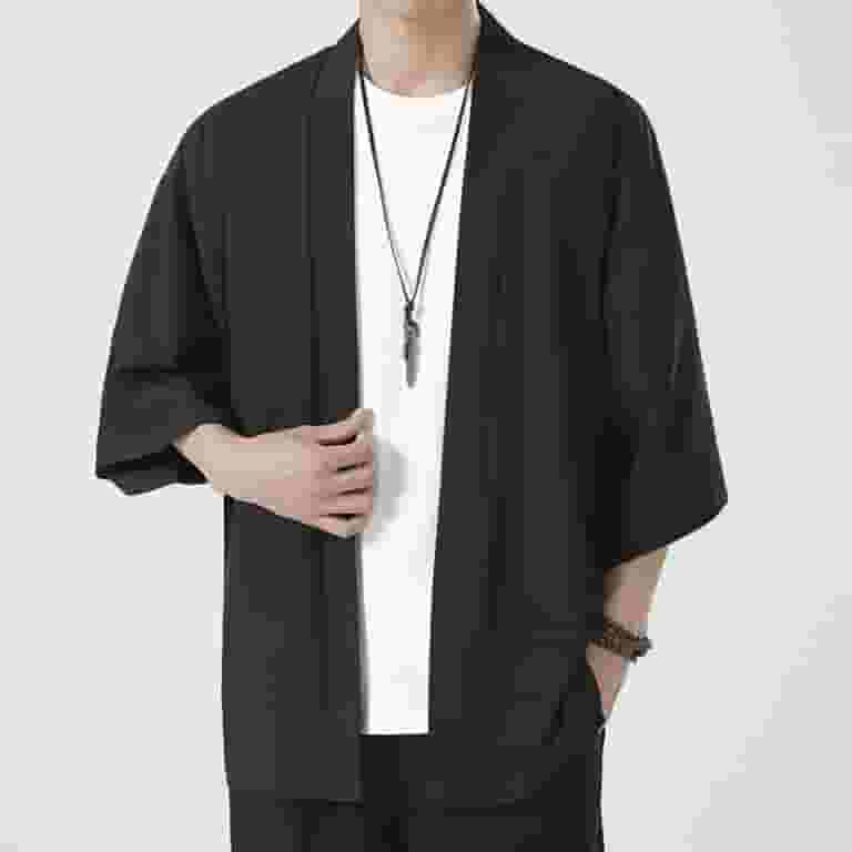 heyac Men's Kimono Cardigan Japanese Jackets Casual Silk 3/4