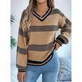 thumbnail image 4 of Womens Oversized Striped Tunic Sweaters Casual V Neck Long Sleeve Color Block Knit Pullover Jumper Tops Khaki S, 4 of 8