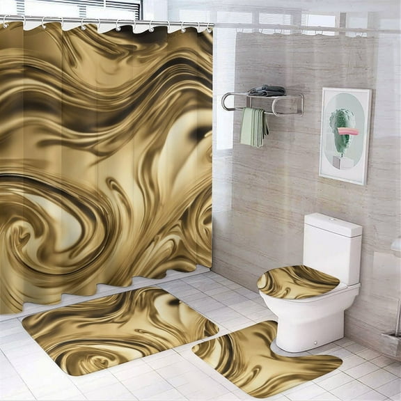 Shower Curtain Set 4 Piece include Shower Curtain and Rugs and Non Slip U Shaped Toilet Rugs Luxury Bathroom Decor Gold Liquid Gradient