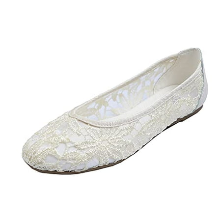

Feversole Round Toe Lace Ballet Crochet Flats Women s Comfy Breathable Shoes Cream White Trim Size 9.5 US