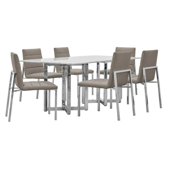 Modus Amalfi 7PC Rectangle Marble Table & 6 Metal Back Chair in Taupe