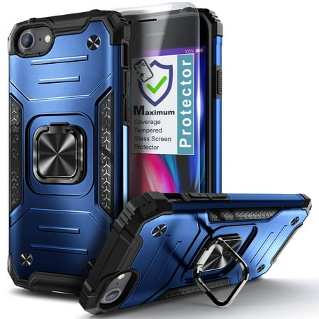 Nagebee Phone Case Compatible for iPhone 8 Plus / 7 Plus / 6S Plus / 6 Plus with Tempered Glass Screen Protector, Full-Body Protective [Military-Grade], Magnetic Car Mount Ring Holder Cover (Blue)