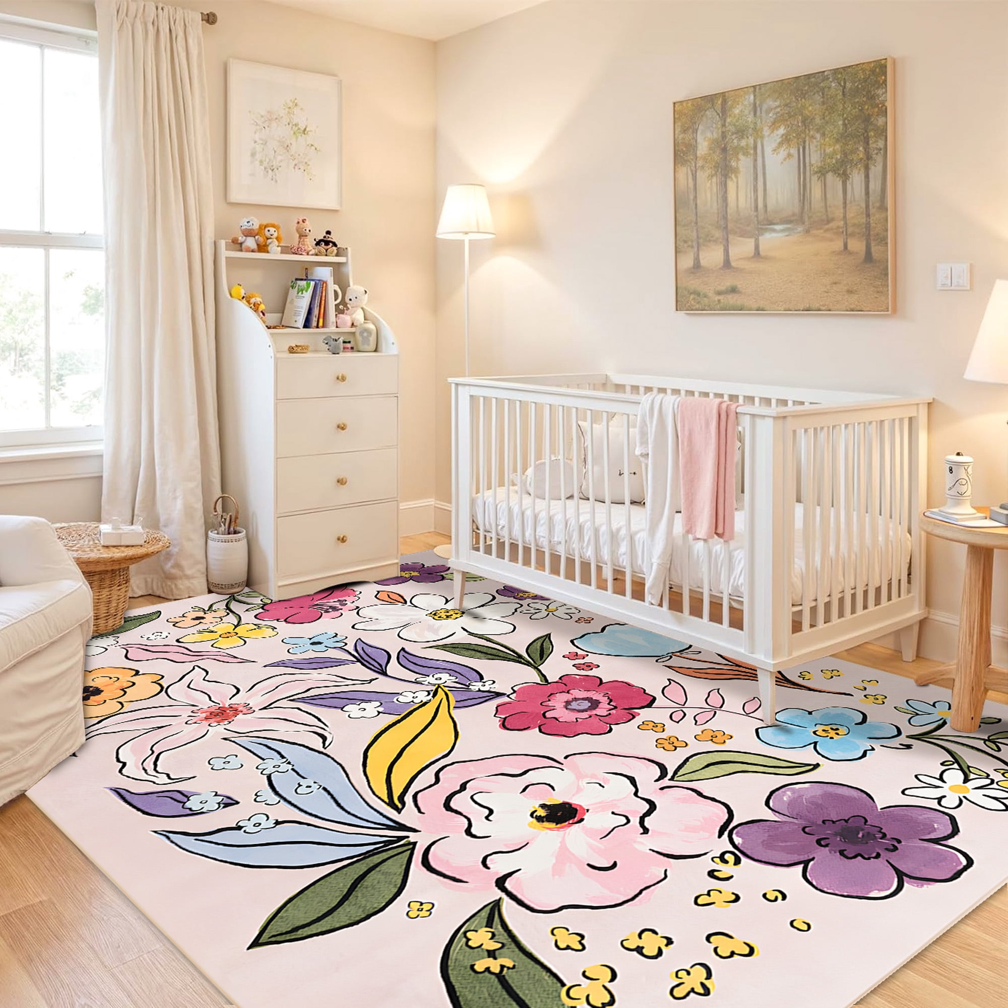 Wondo Washable Non-Slip 5x8 Floral Area Rug - Soft Pink Low Pile Floor Carpet with Botanical Big Flower Design for Girls Bedroom, Living Room, Dining Room, Kids Classroom Office