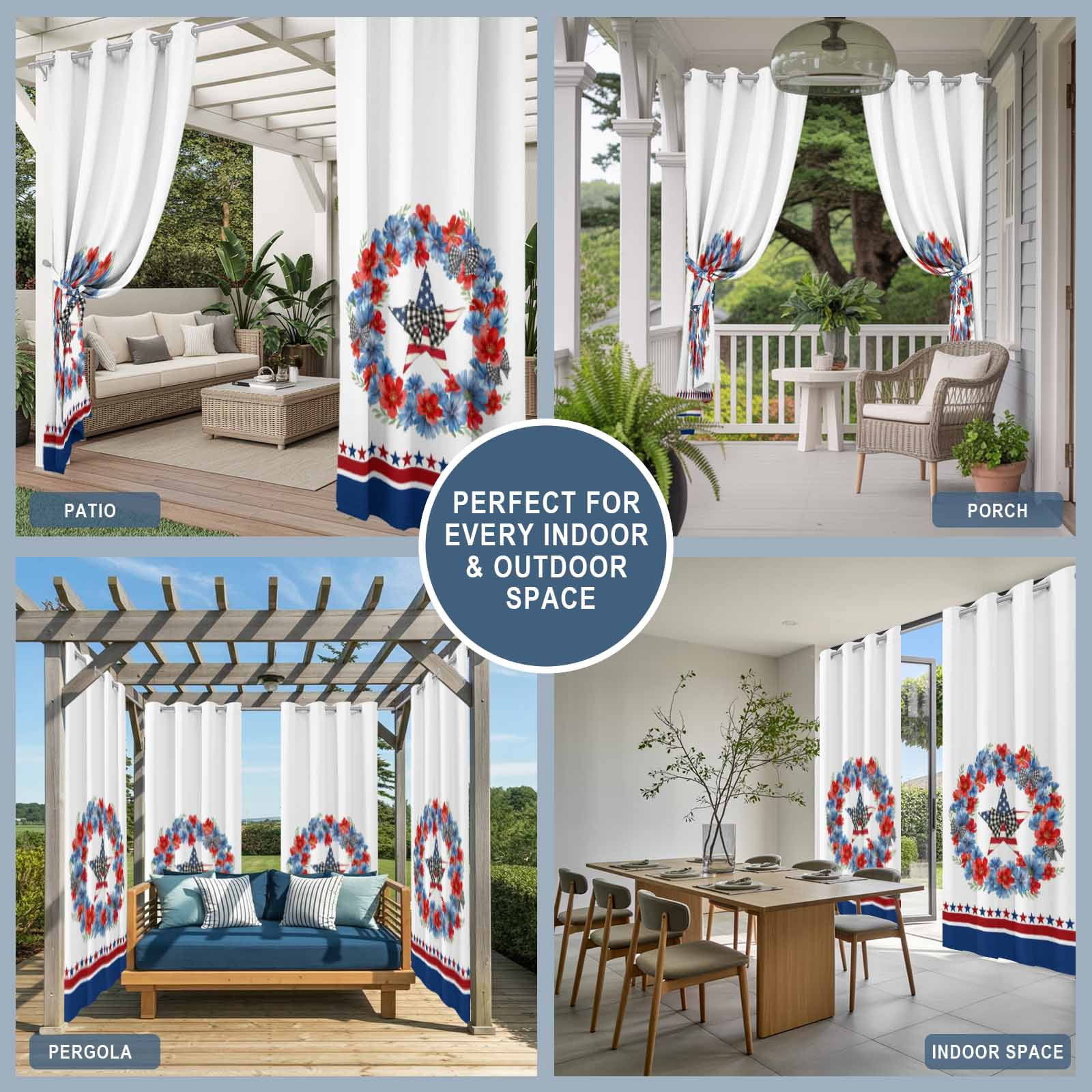 Independence Day Outdoor Curtains for Patio, Red Blue Flower Plaid Bow Star Abstract Striped Sunshade Privacy Drapes Grommet Waterproof Outside Curtains for Porch/Cabana/Balcony 54"x 108", 1 Panel