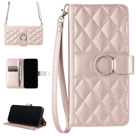 Phone Case Wallet - Multi-Function PU Leather Flip Magnetic Snap Folio Case with Card Holder Kickstand Wrist Strap and Adjustable Crossbody Strap, Compatible with Samsung Galaxy S25, Rosegold