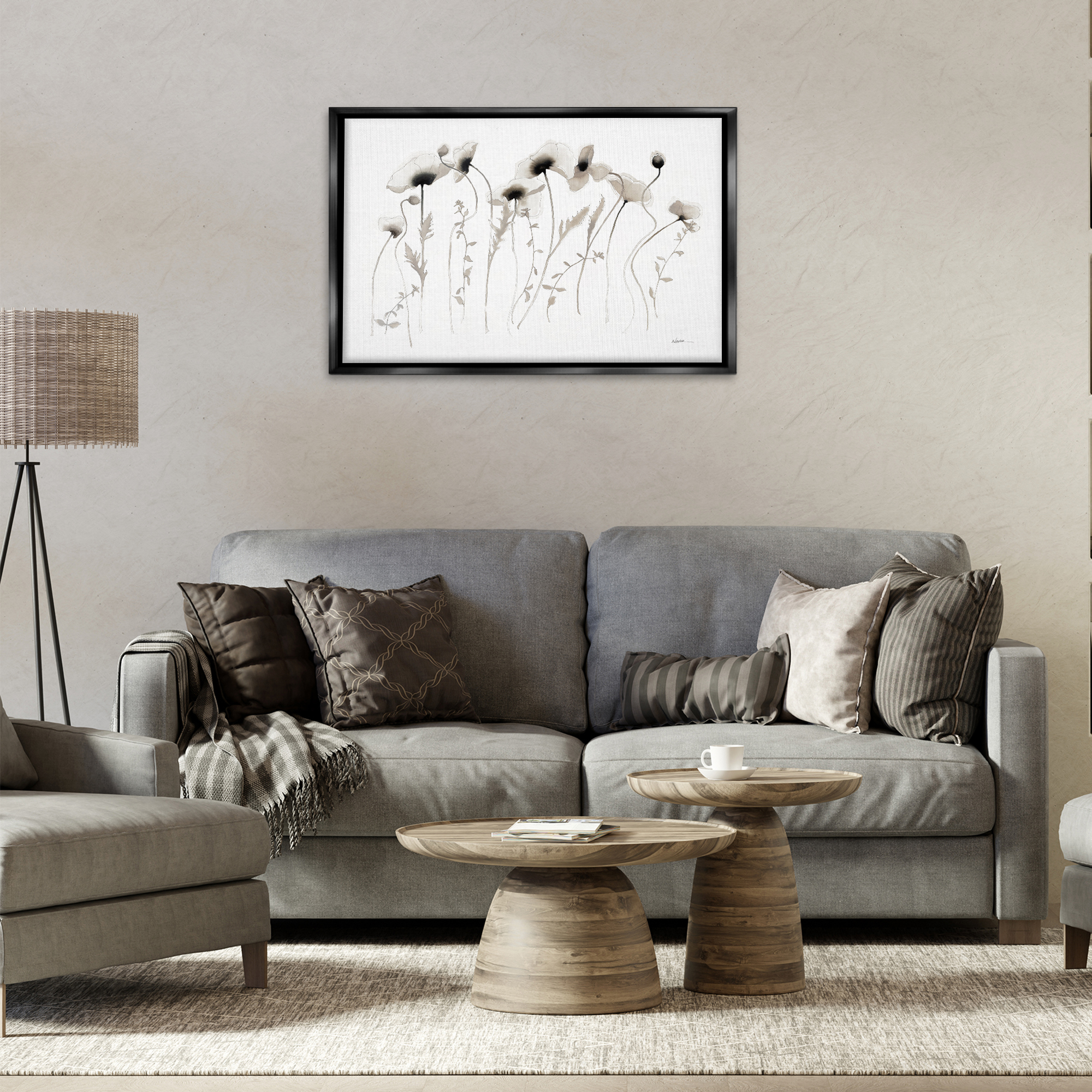 Stupell Industries White Poppy Sprigs Botanical & Floral Painting Black Floater Framed Art Print Wall Art, 31 x 21