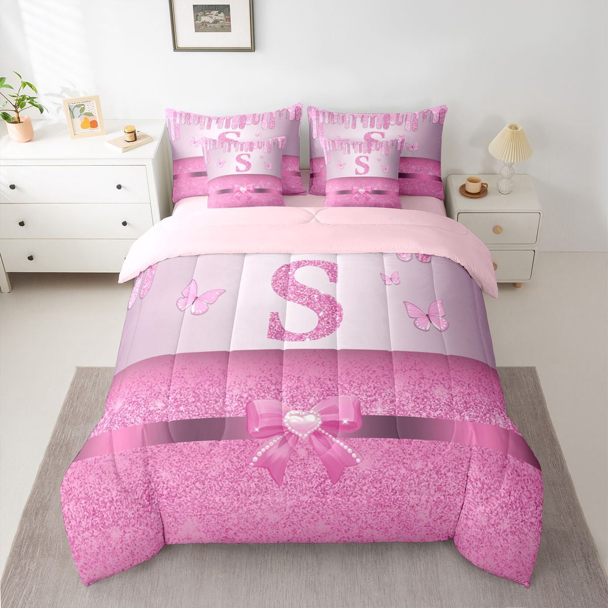 Manfei Letter Monogrammed Initial S Girl 7-Piece Twin Bedding Sets,Kawaii Bow Butterfly Bedding Comforter Set,Bling Pink Glitter Breathable Sheet Sets,Lightweight Room Decor,Reversible