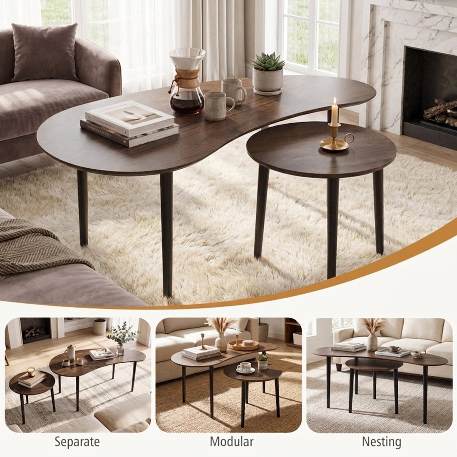 Furnibear 2 Pieces Mid Century Nesting Tables with Rubber Wood Legs - Brown - Living Room Center Table