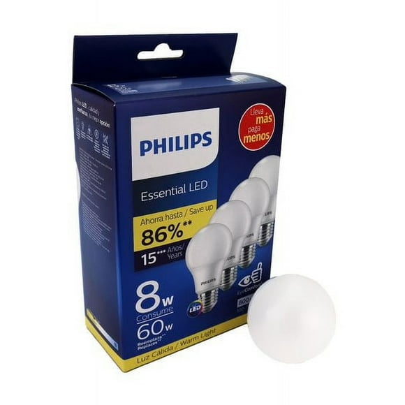 Paquete con 4 foco led Philips lámpara ahorrador consume 8w ilumina 60w A19 E27