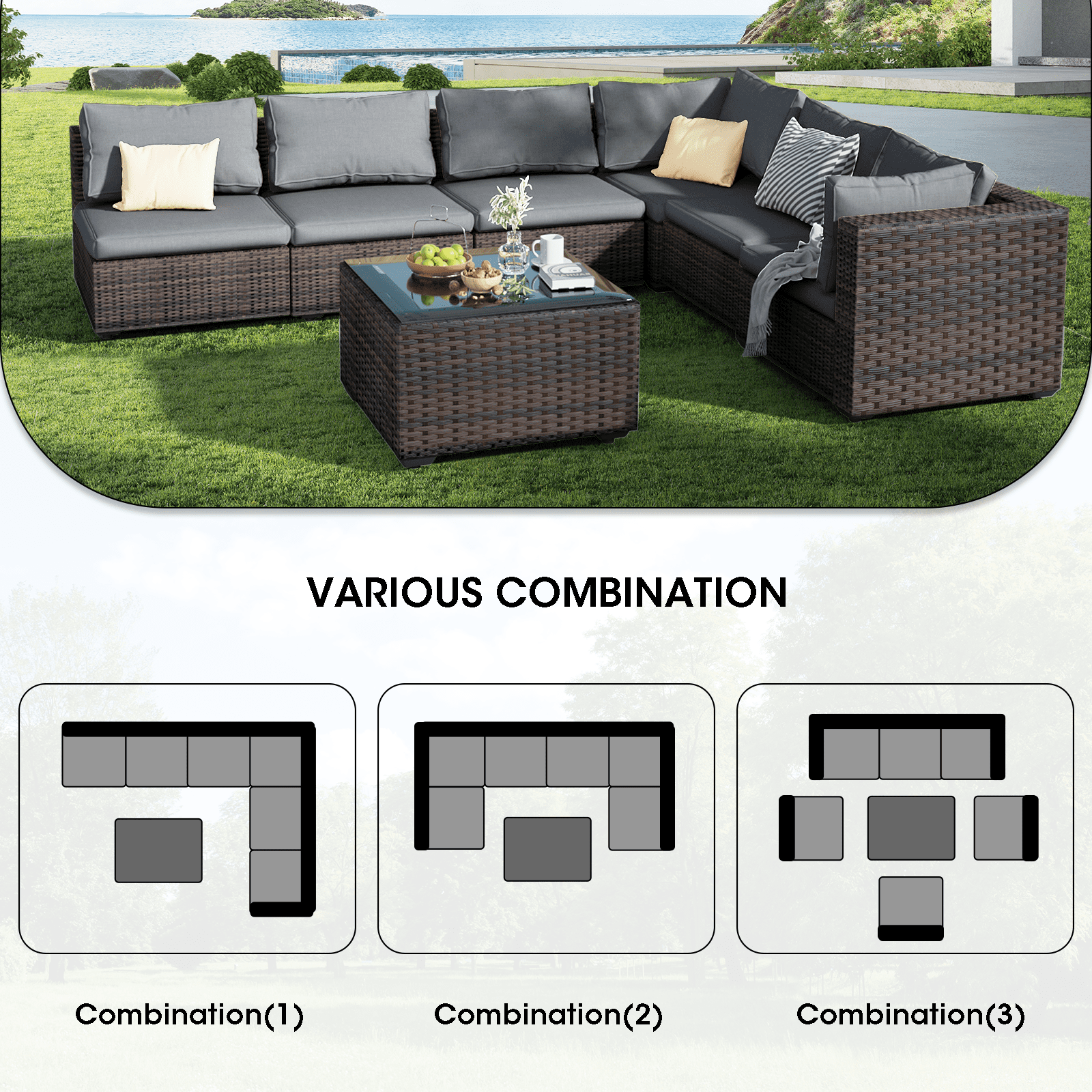 7 Pieces Patio Furniture Set Outdoor Sectional Sofa, All Weather Outdoor Sectional PE Rattan, Patio Conversation Sets with Cushions and Glass Coffee Table for Garden Lawn Balcony Porch Deck,Grey