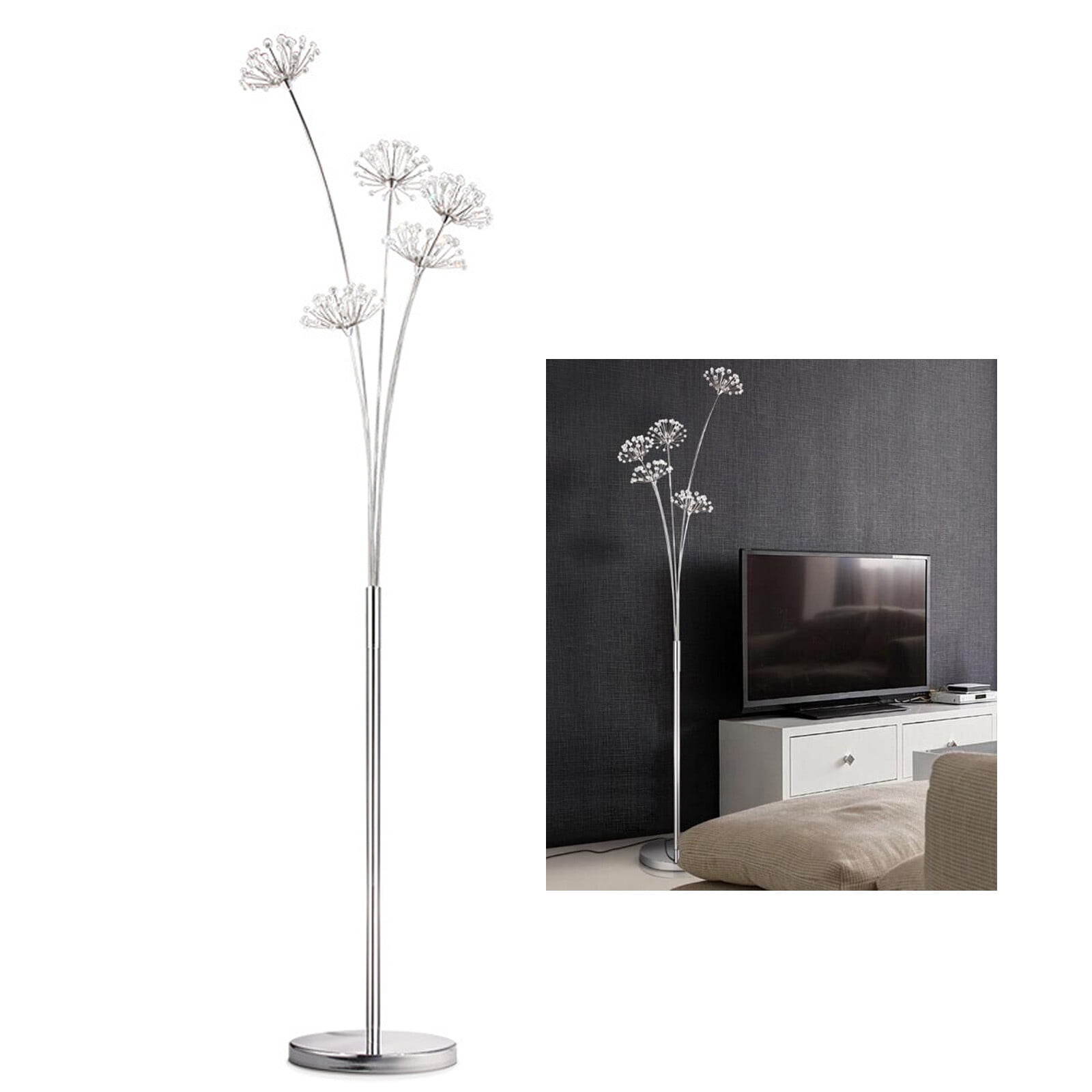 110V Crystal LED Floor Lamp Living Room Lighting Standing Lamp Tall Pole Shade 5 Head for Home, Office