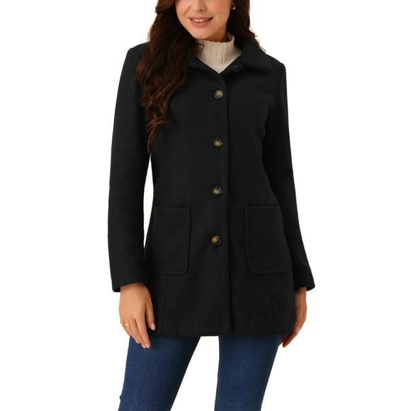 INSPIRE CHIC Women's Winter Overcoat Mid-Length Notch Lapel Single-Breasted Peacoat S Black