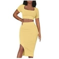 thumbnail image 2 of Edvintorg 2 Piece Outfits for Women Summer Fashion Woman Sexy Square Neck Casual Blouses Shirts Dresses Sets Holiday Outfits Yellow S, 2 of 7