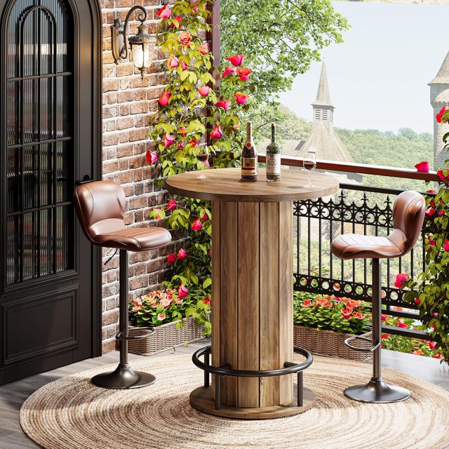 Table de Bar en Bois de 39,4 Po H, Table Ronde de Bistro/pub avec Repose-Pieds à Anneau en Métal