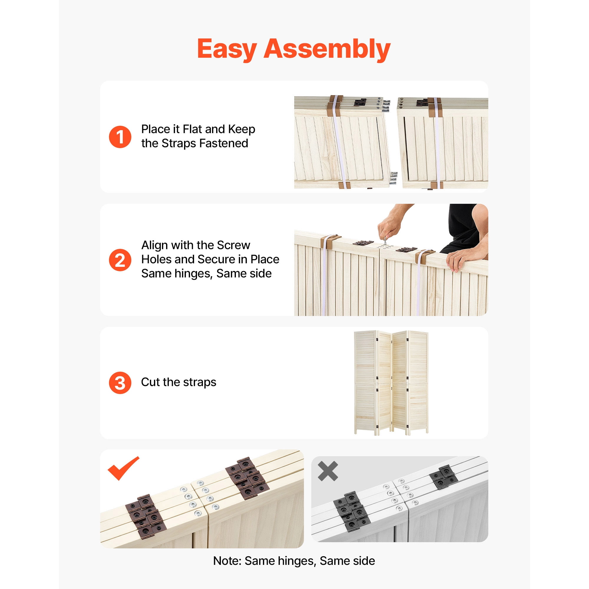 KFFKFF Wood Room Divider with 4 Panels, 67-inch Tall Folding Privacy Screen for Home Decoration and Space Separation, Durable Wooden Frame, 360° Dual-Directional Hinges, Simple Assembly