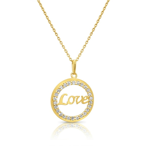 Tilo Jewelry 14K Yellow Gold Dainty Love Script Pendant Necklace with Cubic Zirconia CZ Stones for Women & Unisex | 18 Inch Cable Chain