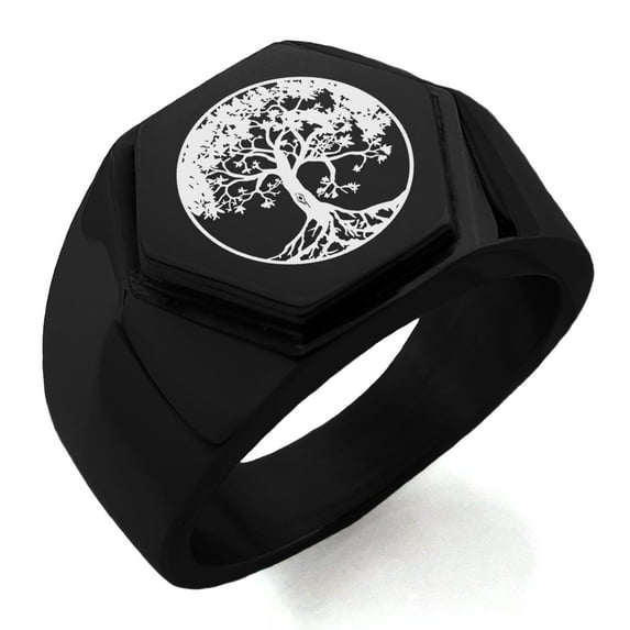 Stainless Steel Tree of Life Engraved Hexagon Crest Flat Top Biker Style Polished Ring