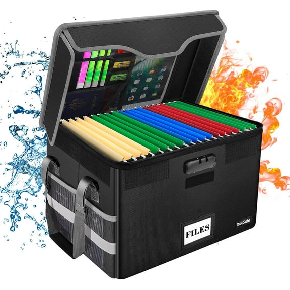 Fireproof Document Box with Lock, File Storage Organizer with Mesh Pockets, Collapsible Portable File Box Home Office Safe Filing Cabinet with Handle for Hanging Letter/Legal Folder, Black