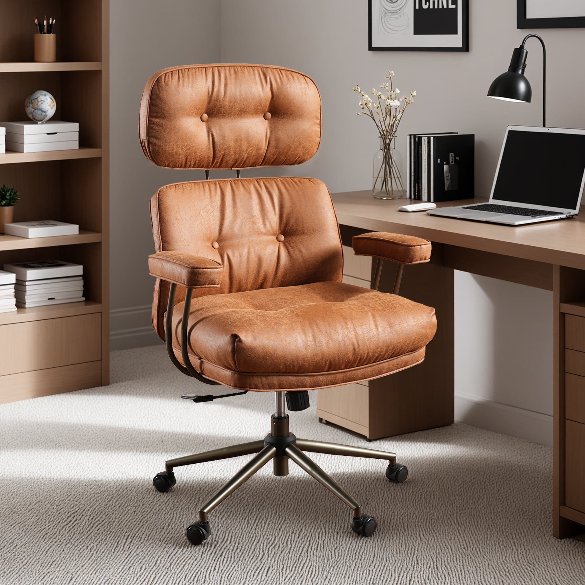 Ovios Suede Leather Office Chair High Back Ergonomic Desk Chair with Lumbar Support Mid-Century Executive Computer Chair with Wheels for Home Office, Brown