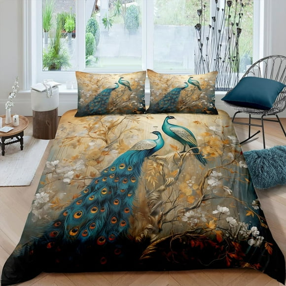 Juego de Cama Funda Nórdica Azul Pavo Real Beatuiful Animales Pluma Edredón