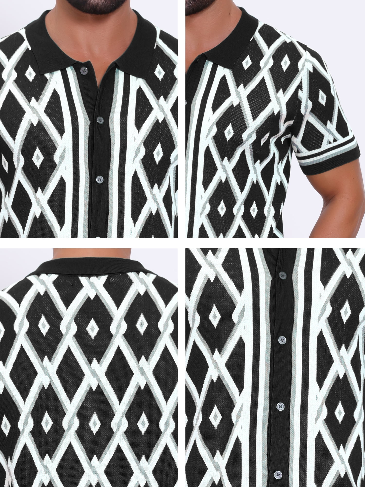 DARING DIVA Men's Short Sleeve Button Down Plaid Knitted Argyle Polo Shirt L Black