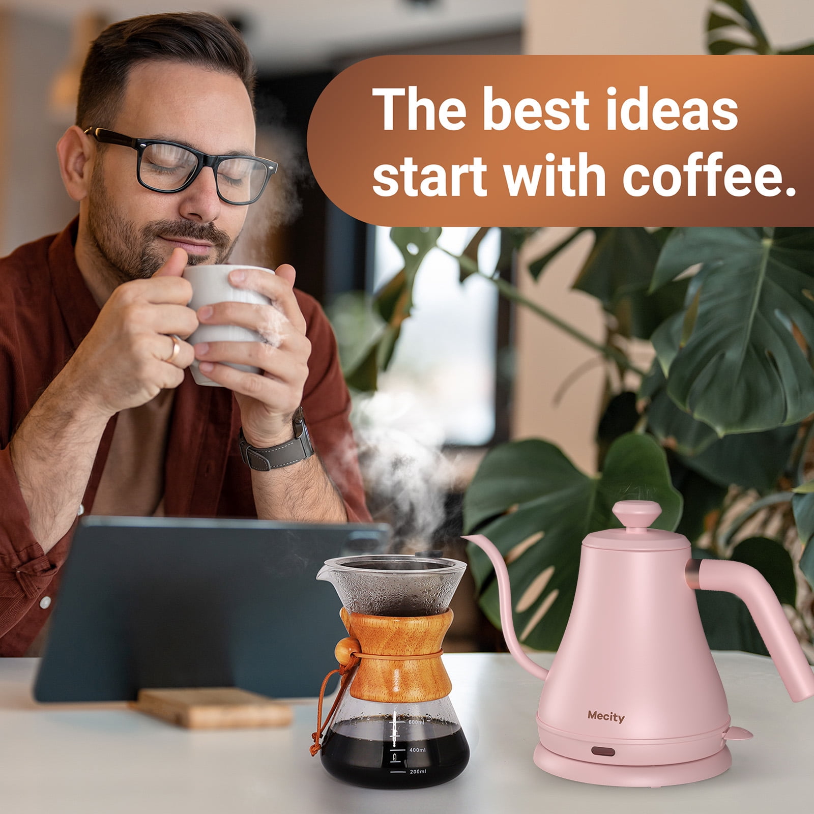 Mecity Basic Gooseneck Kettle, Stainless Steel, Fast Heating, Auto Shut Off, 0.8 L, 1000W, Pink