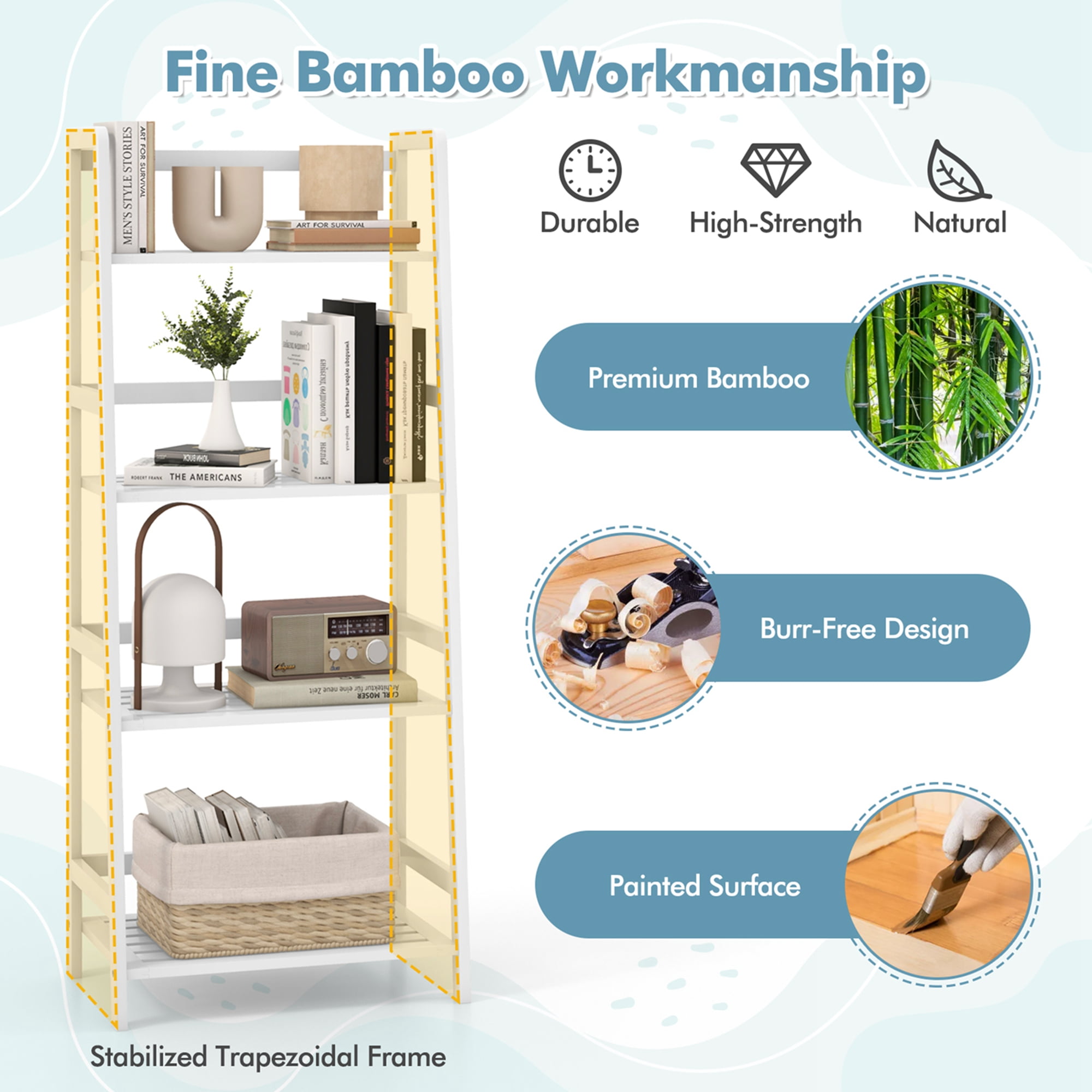Costway Multifunctional 4 Shelf Bamboo Bookcase Ladder Plant Flower Stand Rack Storage White