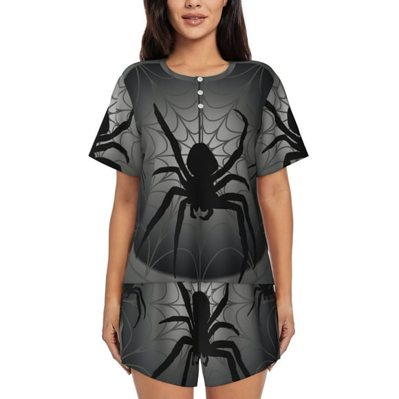 Disketp Black Spiders for 2 Piece Shorts Sleepwear Women's Short-Sleeved Pajama Set Round Neck Pjs-XX-Large