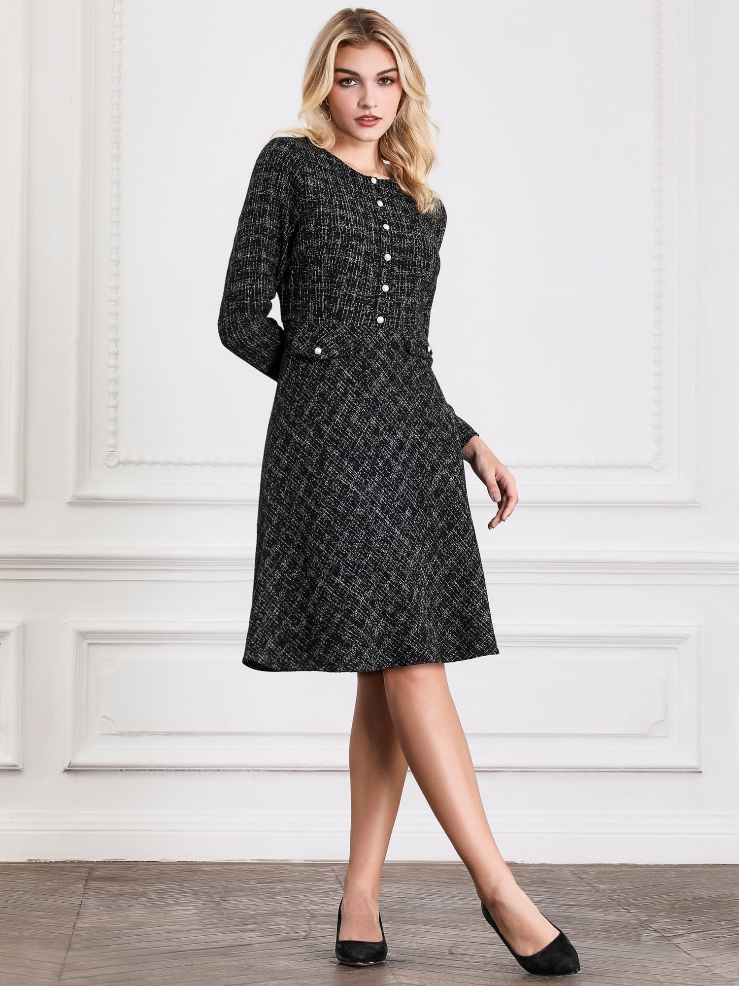 DARING DIVA A-Line Tweed Vintage Work Flare Dress S Black