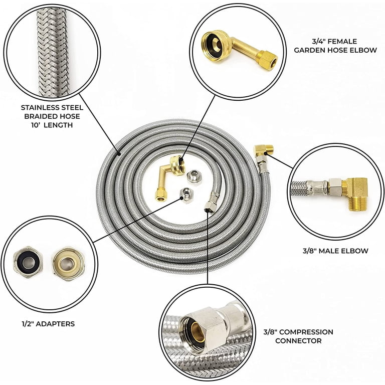 LIBERAQUAR Stainless Steel Dishwasher Water Supply Line - 10 Ft, 3/8" Compression Fittings, Universal Fit For All Brands