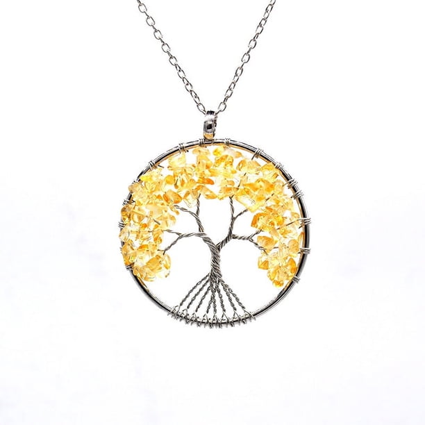 Zhuge Collar con colgante de árbol de la vida para hombre y mujer, collar con árbol de la vida de cristal de piedra natural (amarillo, cadena)