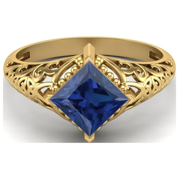 1.30 Ctw Square Synthetic Blue Sapphire Filigree 925 Sterling Silver Gold Vermeil Solitaire Mother's Day Gift Ring