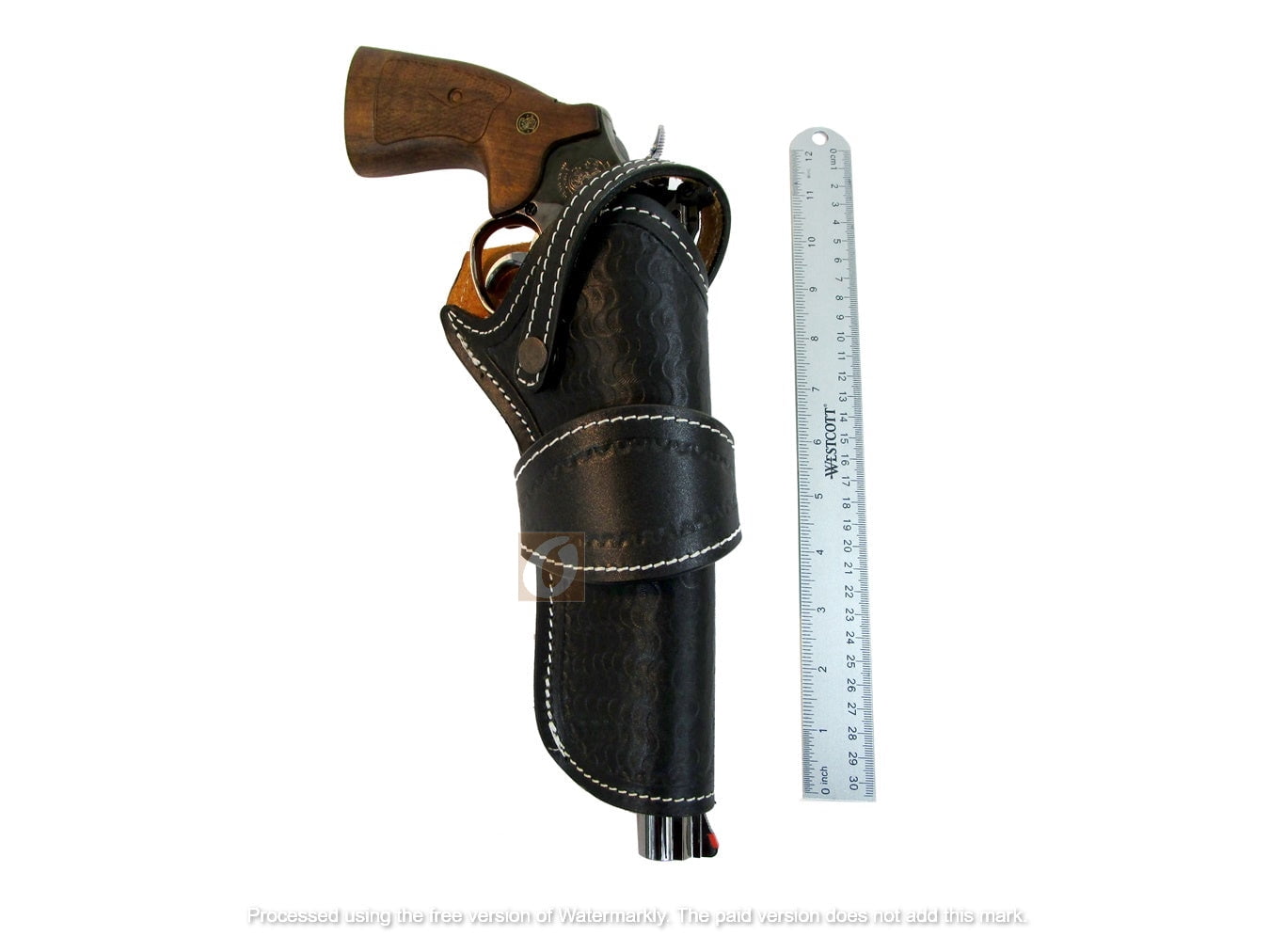Leather Holster Long Barrel Western Gun Cover Wavy Black Color - Right Handed