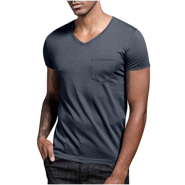 Blusas y camisas de manga corta con cuello en V para hombre, blusa informal de verano a la moda de color liso con bolsillos y manga corta con cuello en V para hombre
