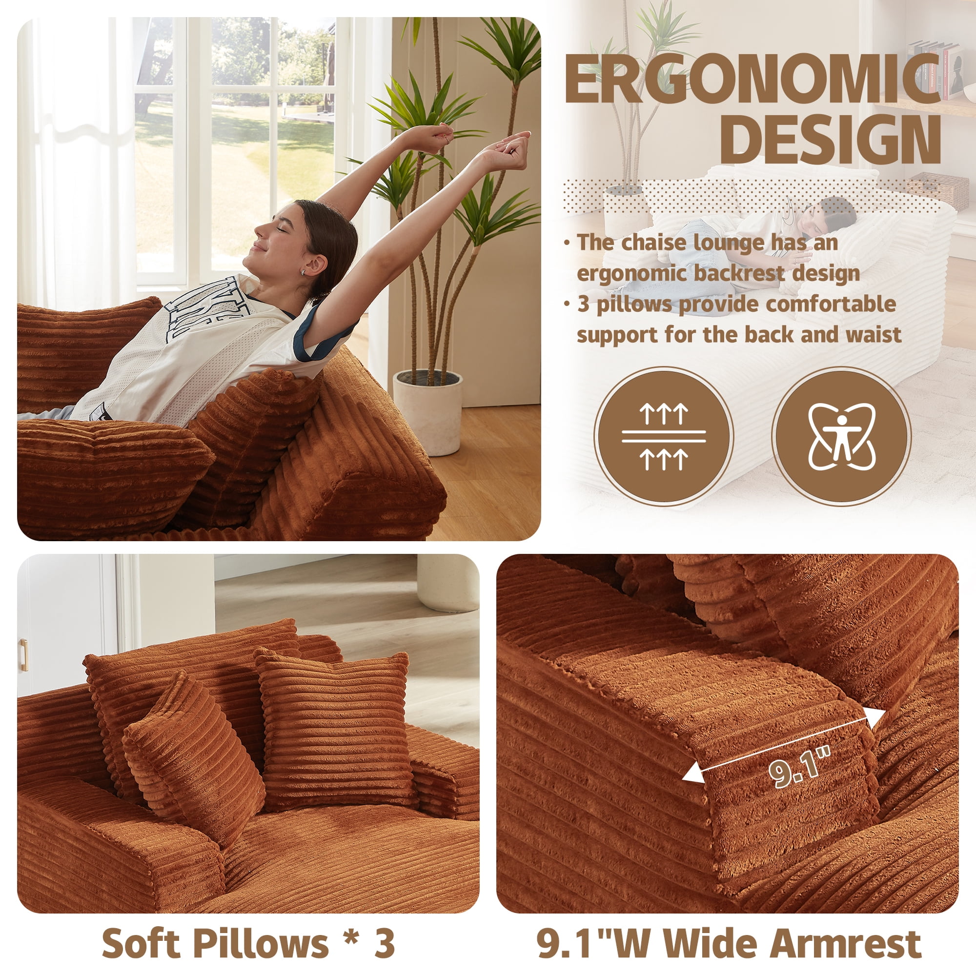 Kosynda Extra-long 79" Chaise Lounge Chair Indoor, Corduroy Upholstered Modern Sofa Couch with Pillows for Living Room, Office, No Assembly Required, Brown