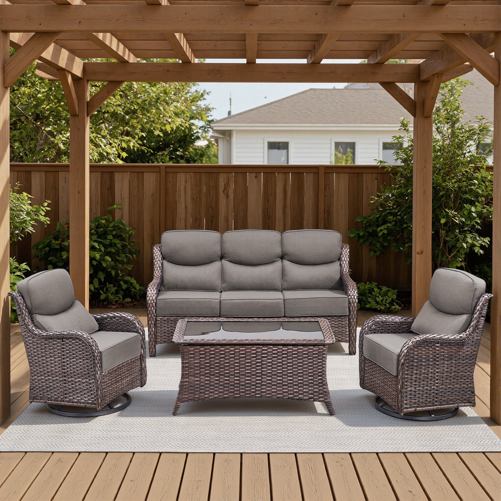 POCASSY Patio Furniture Set with 6-inch Extra Thick Cushions, High Back Brown Wicker Outdoor Conversation Set with 1 Sofa Couch, 2 Swivel Glider Chairs, and 1 Coffee Table, Gray Cushion