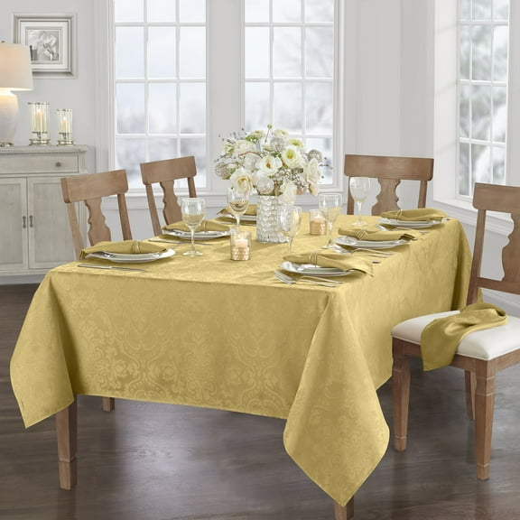 Caiden Elegance Damask Tablecloth - 52" Square - Gold - Elrene Home Fashions