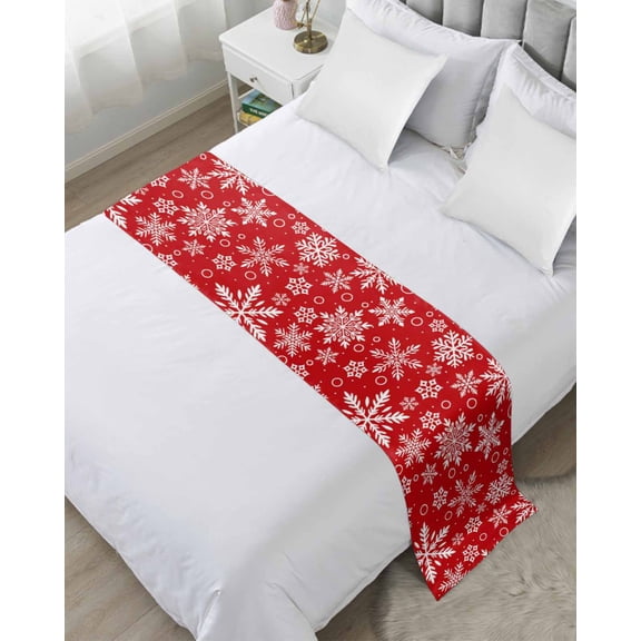 Xipuska Red Christmas Bed Runners for Cal King Size Bed, Decorative Bed Throws for Foot of Bed, Xmas Snowflake White Bed Runner Sofa Throw Bedding Scarf Protector Slipcover for Bedroom/Hotel