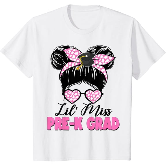 Kids Lil Miss Pre-K Grad Messy Bun Girl Graduation Last Day Kids T-Shirt
