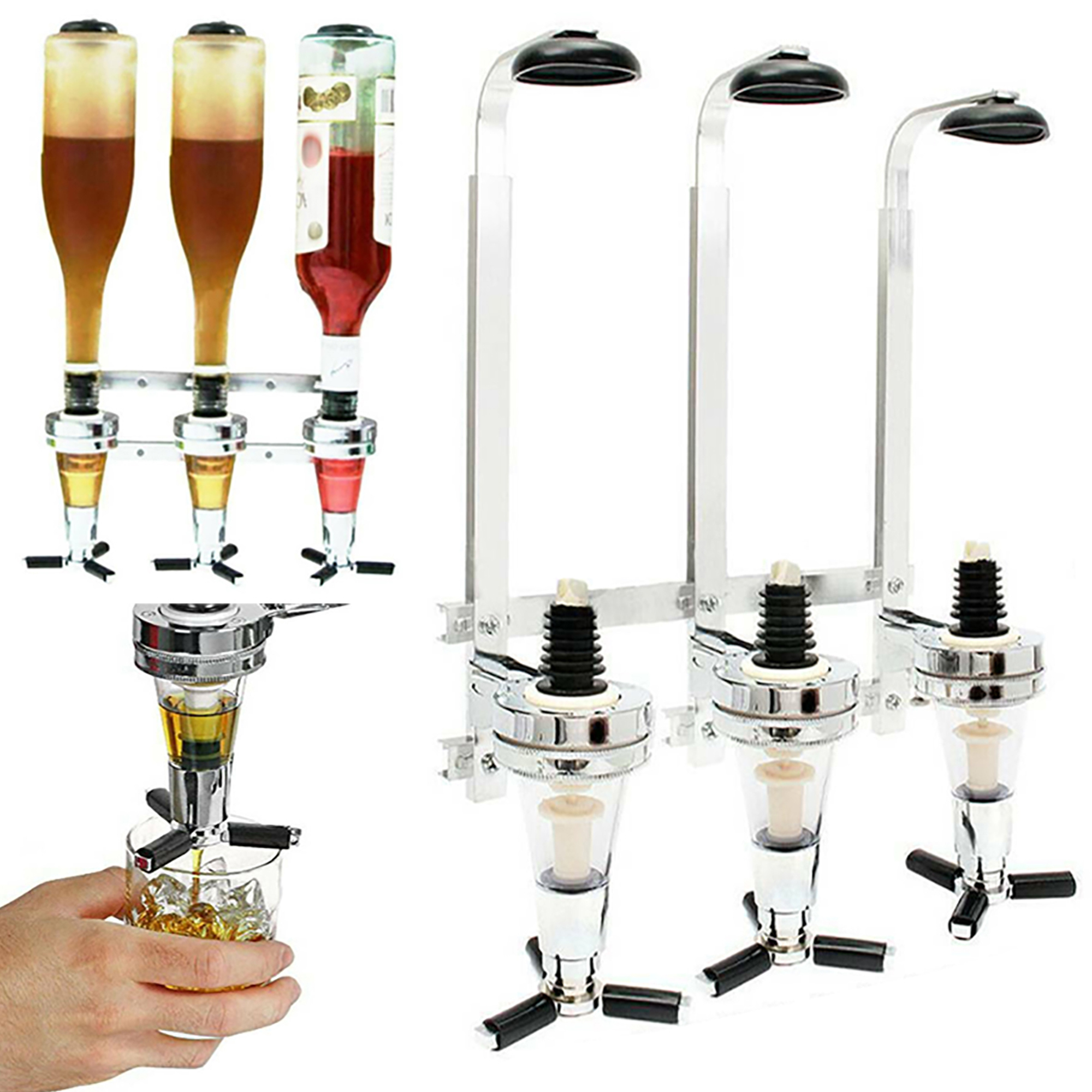 3 Bottle Stand Drinks Wine Steel Bar Butler Wall Mounted Optic