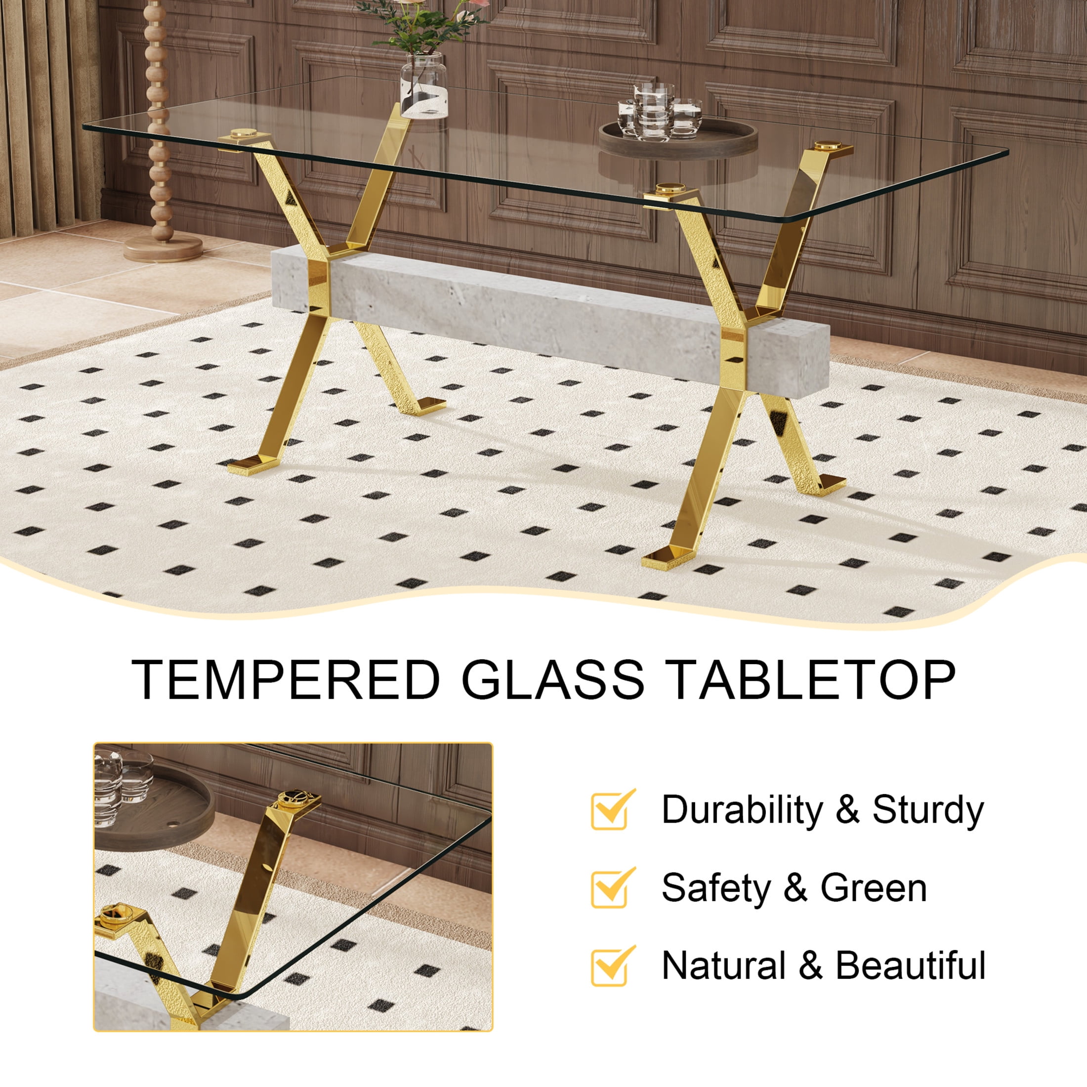 Noble House Modern Dining Table, Tempered Glass Top, X-Shaped Gold Metal Legs, Gray MDF Beam for Home Office, Clear