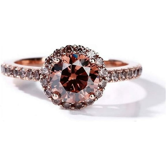 Gems Jewels 2.20 Ct Round Cut Brown Diamond Engagement Wedding Thanksgiving Christmas Halo Ring 14K Rose Gold Plated 925 Sterling Silver For Women's -7.5