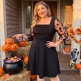thumbnail image 3 of Agnes Orinda Women's Plus Size Halloween Outfits Square Neck 3/4 Mesh Sleeves Pleated Flowy A-Line Midi Dress 1X Black, 3 of 8