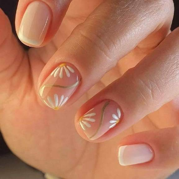 JZROCKER 24 Pcs Glossy Press On Nails French Tips False Nails Sweet Flowers Full Covers Stick On Nails Short Square Acrylic Nails