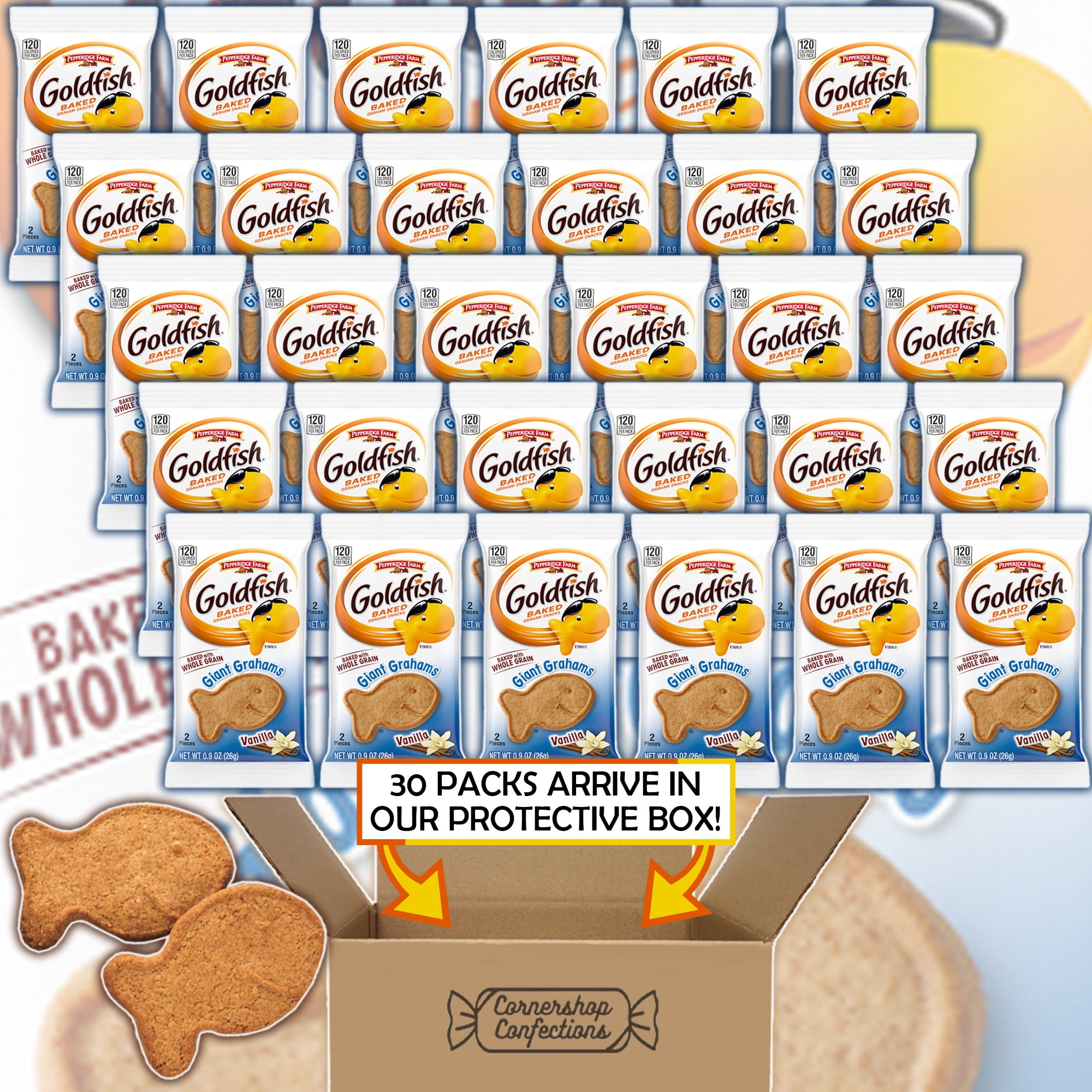 Goldfish Giant Grahams Vanilla Flavor 60 Cracker Bulk Pack - 30 Individually Sealed Portion Packs of 2 Graham Crackers Each - Whole Grain, Baked Graham Crackers - In Cornershop Confections Pack