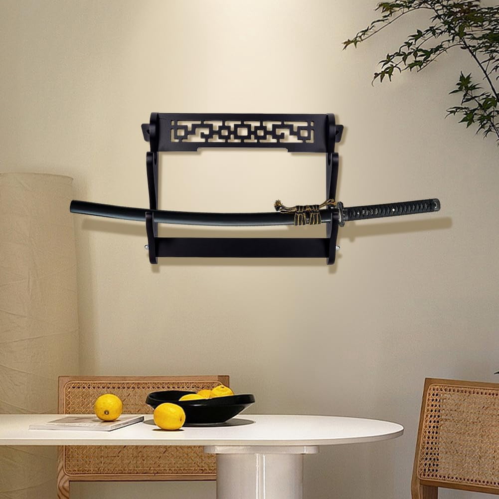 Stand 2-Tier Holder Hollow Pattern Rack Katana Stand Samurai Stand Holder Classic Katana Stand Holder Padded Wall Mount for Display Storage-3x15x11 Inch Black