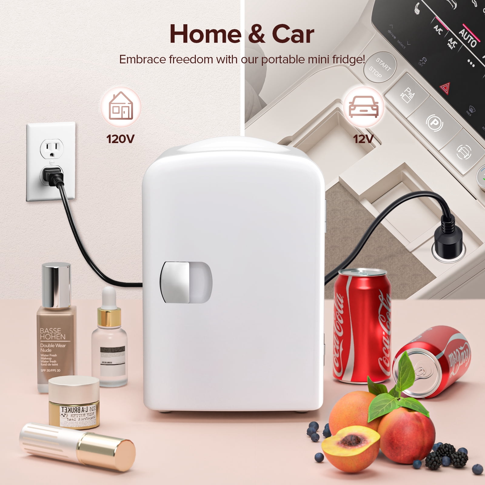 Auseo Mini Portable Fridge Personal, Countertop, 4L/6 Cans, Cooler Small Refrigerator, AC/DC, Option for Skincare, Makeup, Drinks, Dorm Room, White