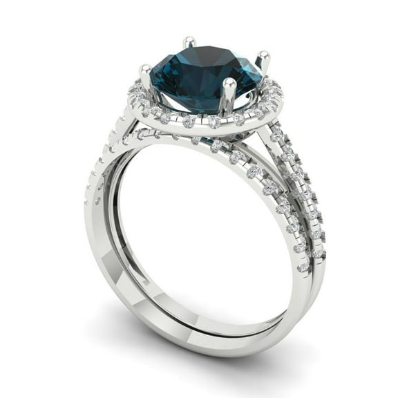 Clara Pucci 18K White Gold 2.52 Natural London Blue Topaz Engraveable Engagement Ring   Wedding Band Set