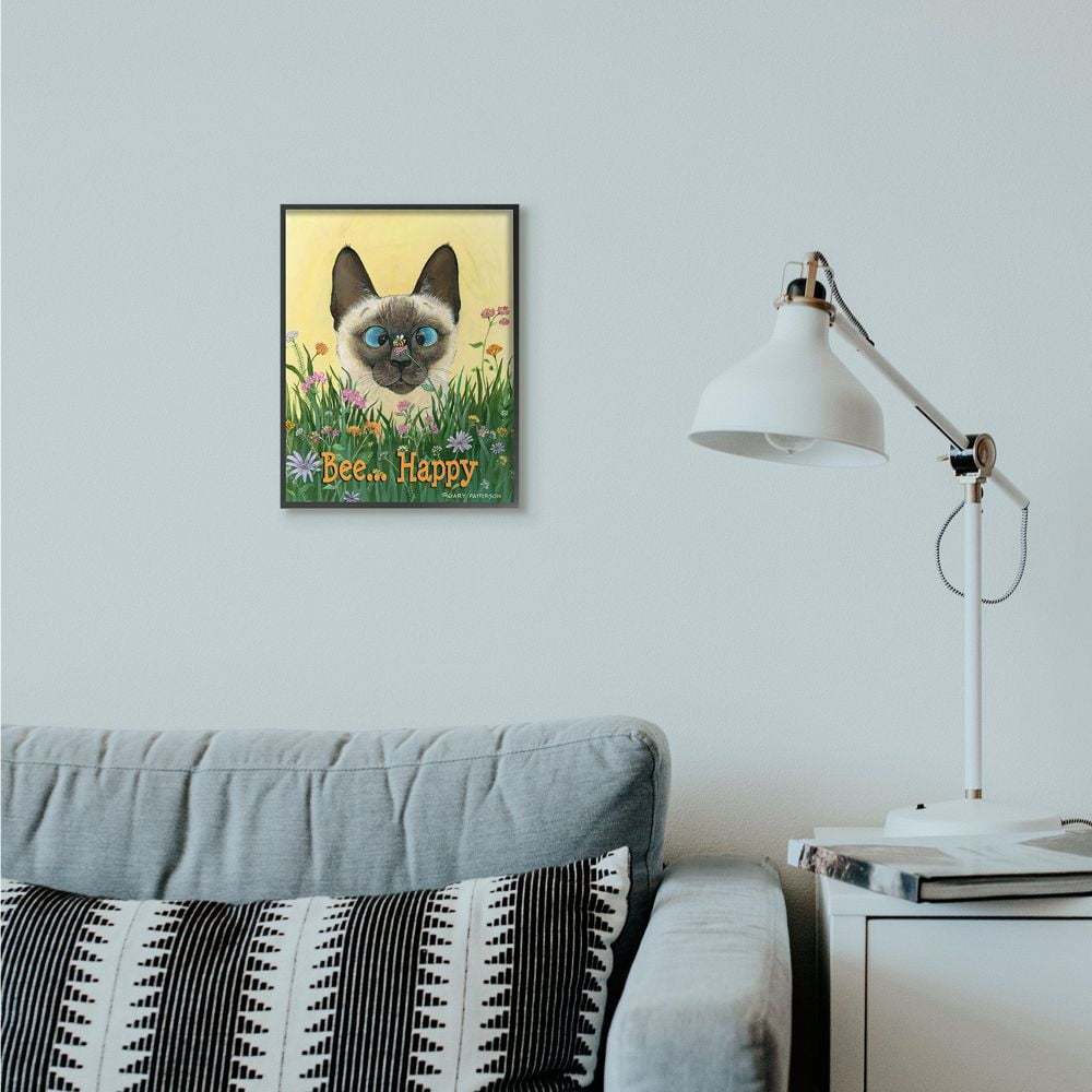 Stupell Industries Bee Happy Funny Cat Cartoon Pet Design Framed Wall Art by Gary Patterson